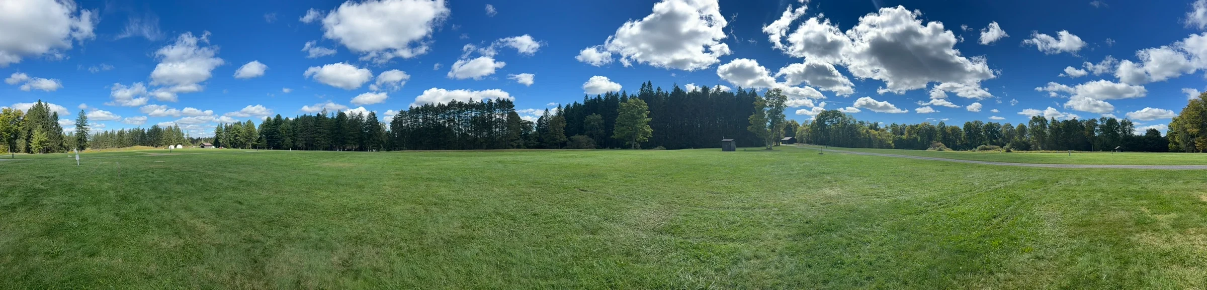 Panoramic daytime view across the broad grassy observing field at Cherry Springs and its surrounding tree line.