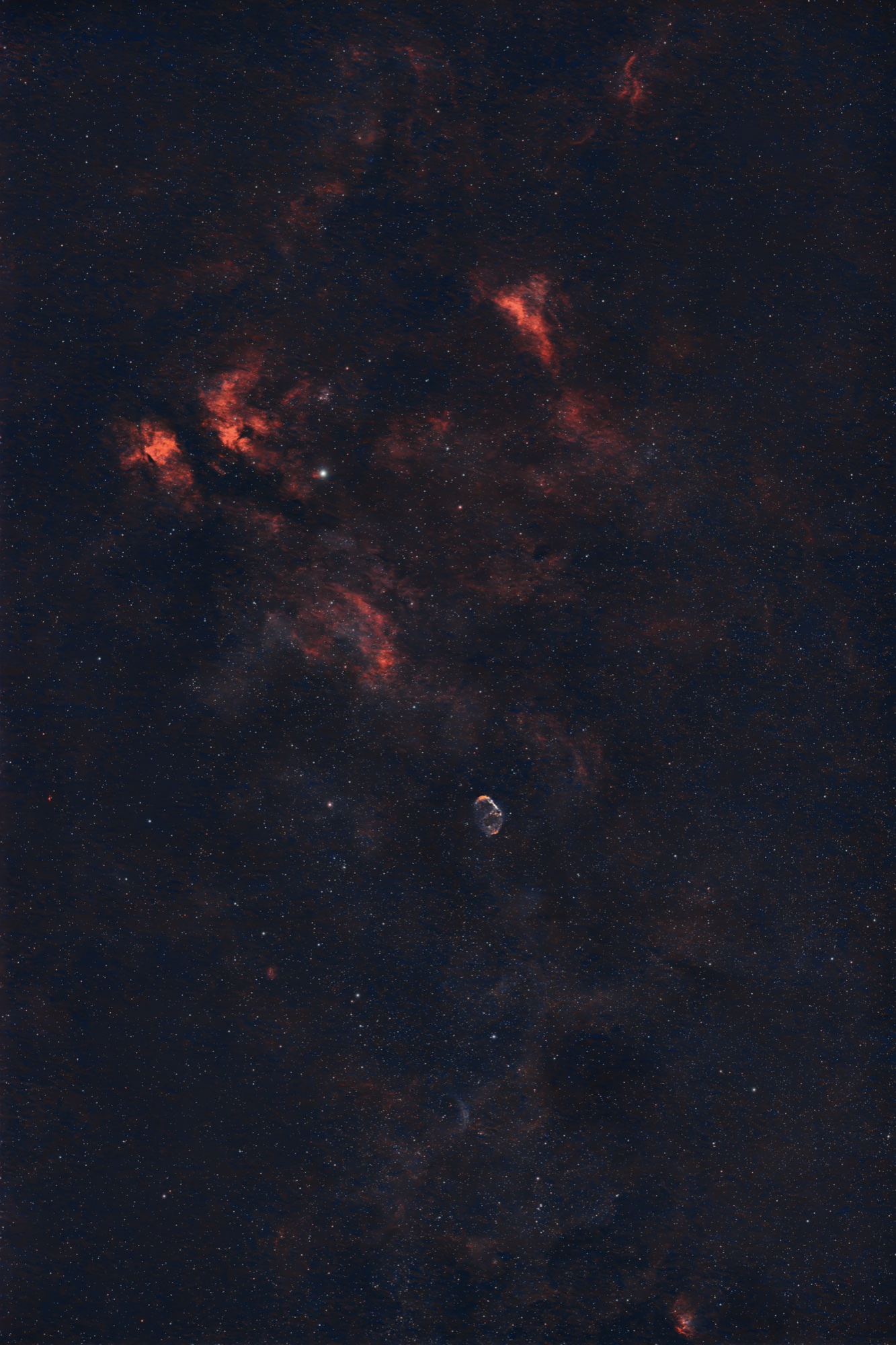 NGC 6888 field-of-view example for WideSky, showing the Crescent Nebula in a very wide Cygnus star field with surrounding emission nebulosity.