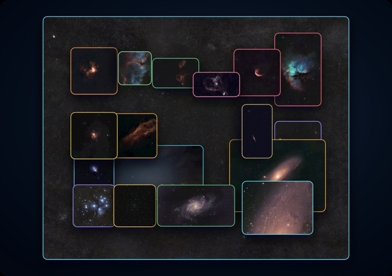 A compact nested sky map moving from an expansive Andromeda, Perseus, and Cassiopeia panorama into Local Group galaxies, emission nebulae, reflection nebulae, and stellar nurseries.