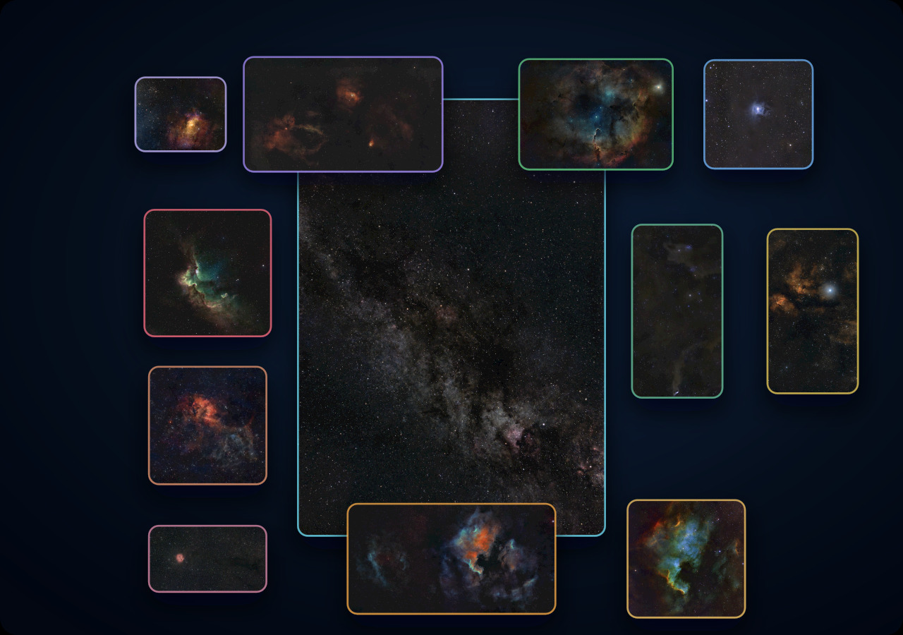The compact Cepheus and Cygnus survey map, connecting the Dark Shark and Wolf’s Cave field to other nebulae across the region.