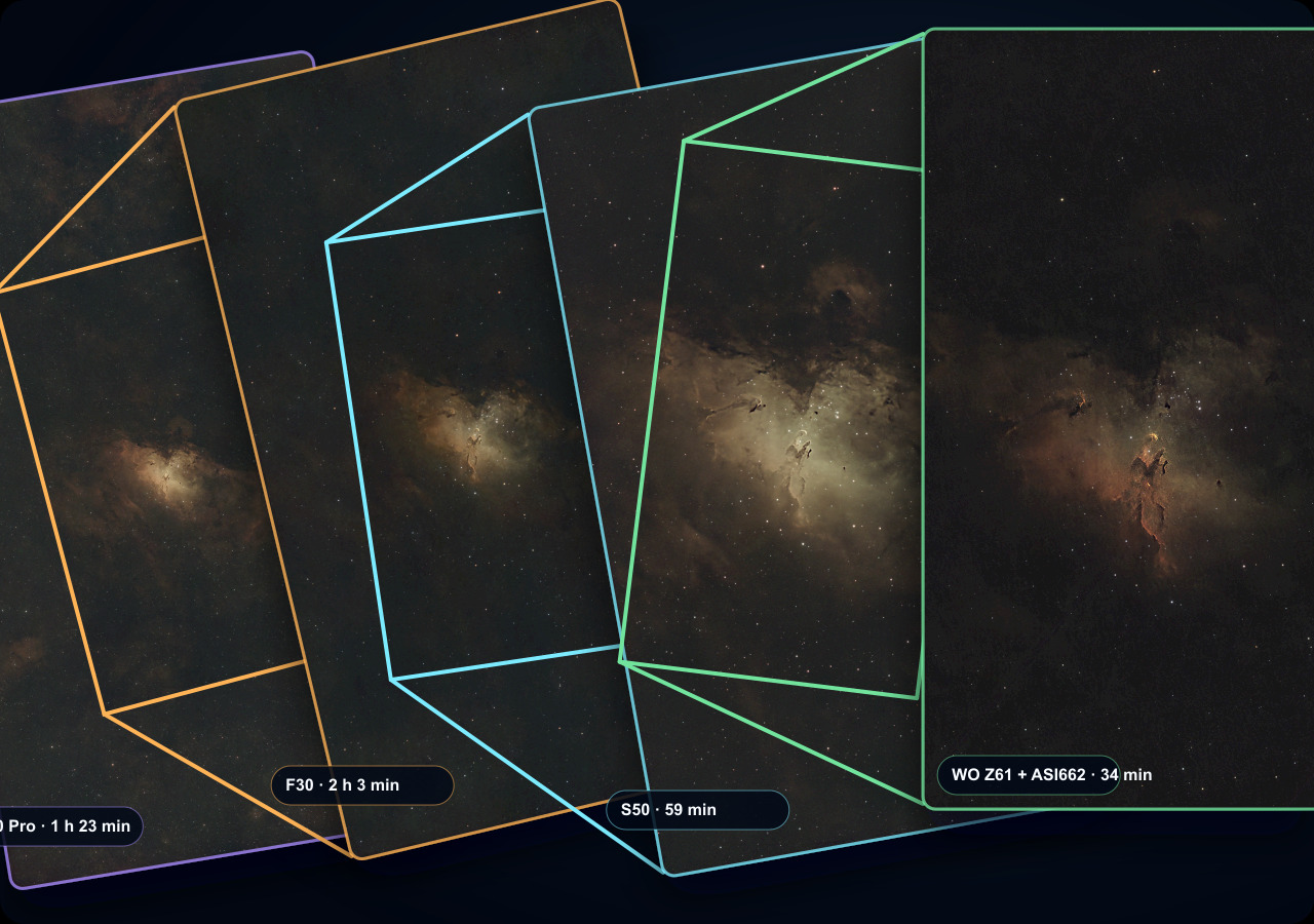 M16 shown as a registered zoom sequence across the S30 Pro, F30, S50, and WO Z61 + ASI662 imaging rigs.
