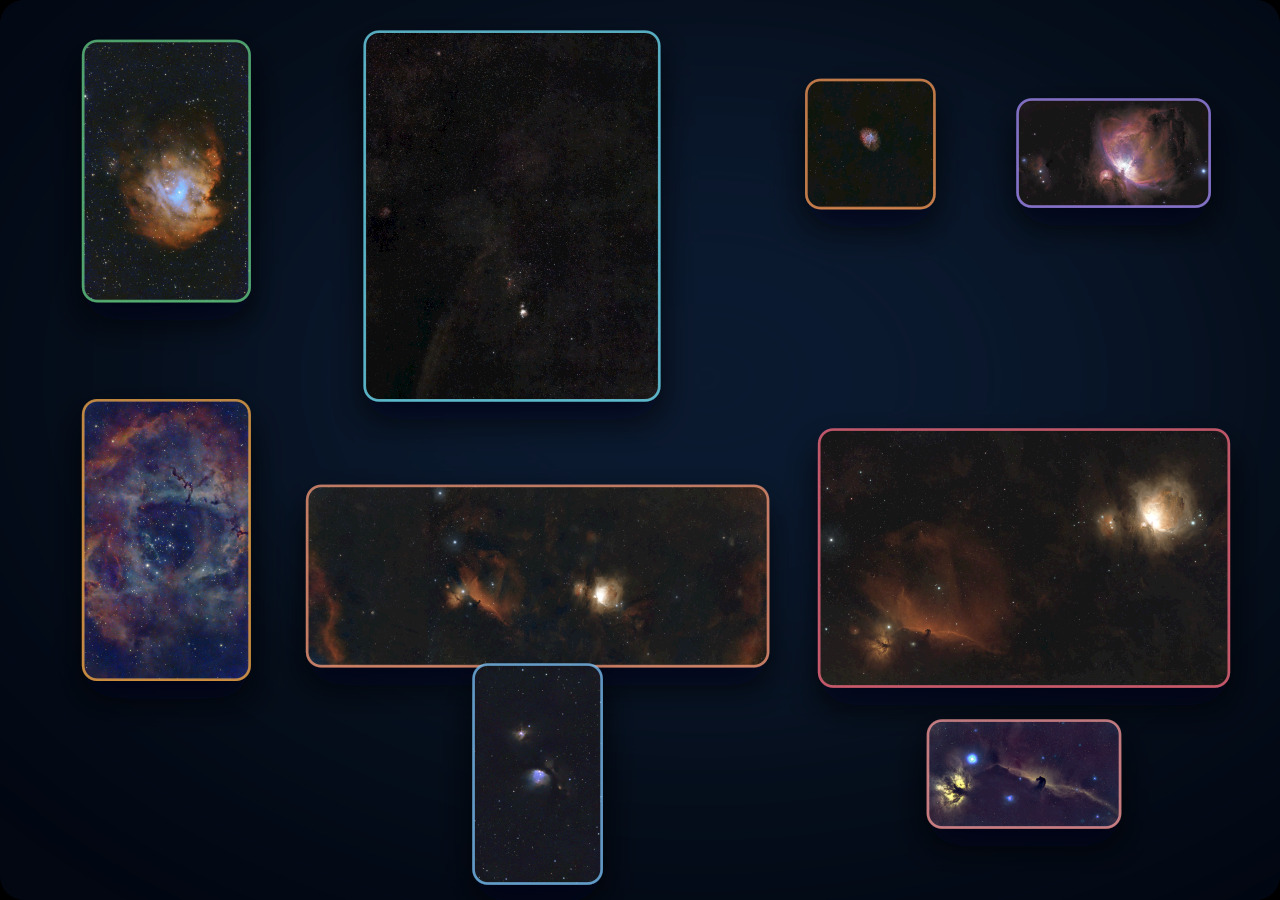 A compact nested sky map moving from a wide Orion and winter Milky Way field into individual nebulae and a supernova remnant.