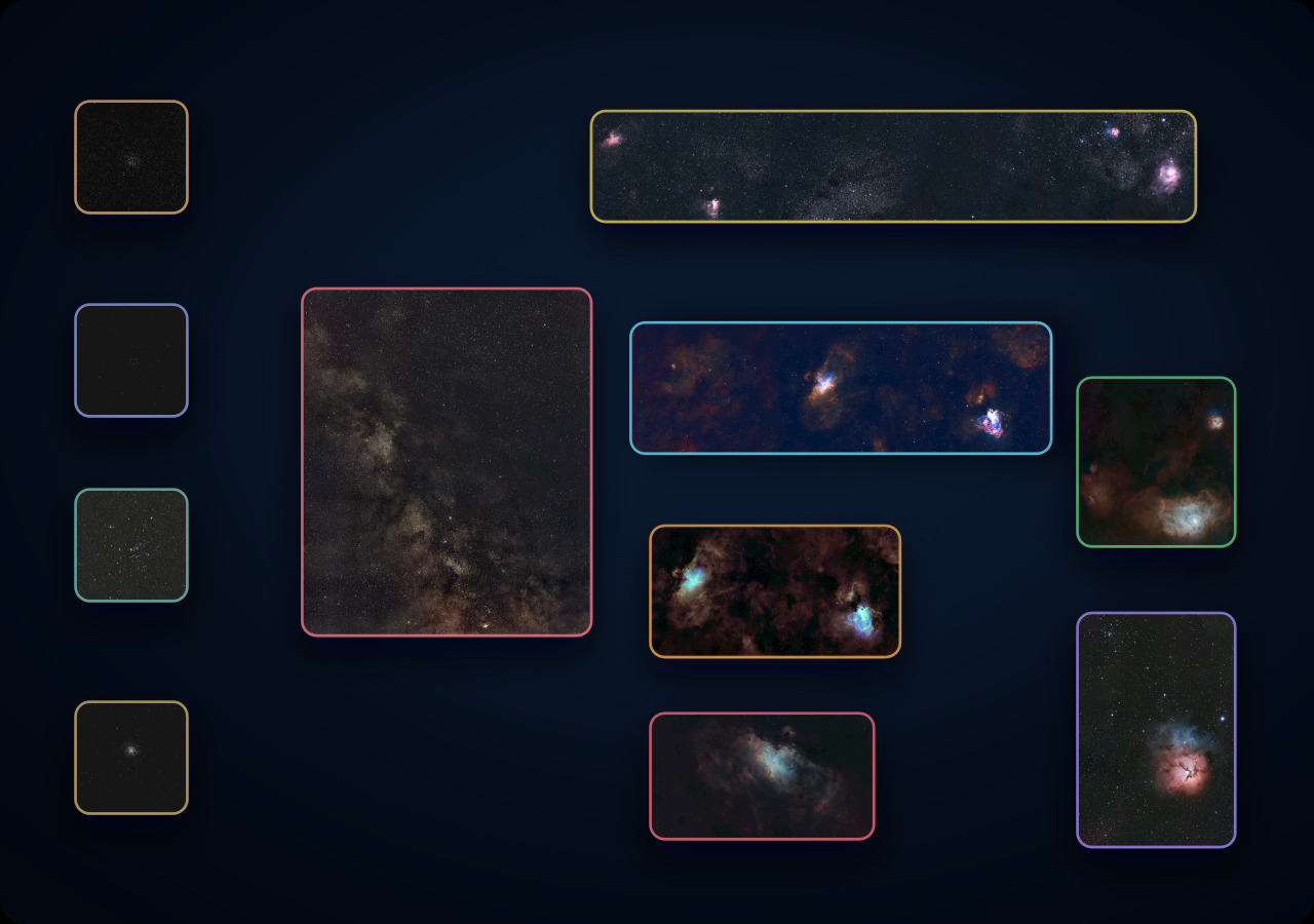 A compact nested scale map flowing from the wide Sagittarius Milky Way field into the Lagoon, Trifid, Eagle, and Swan regions, with M22, M25, M26, and M11 along the left edge.